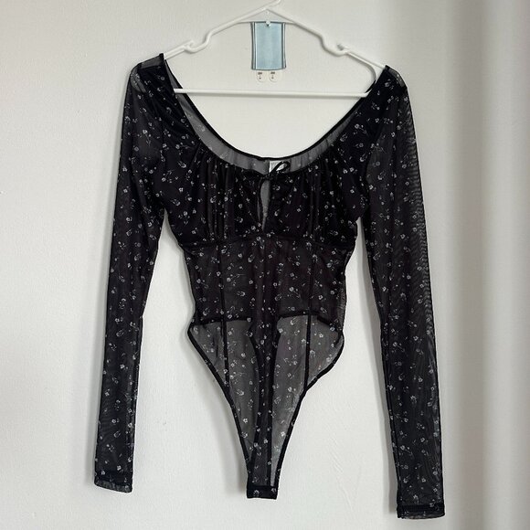 H&M Black and Floral Mesh Thong Bodysuit - Picture 1 of 4